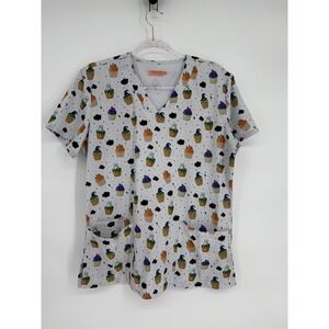 EliteMed Women's Halloween Cupcake Print Scrub Top V Neck Short Sleeve Sz‎ L